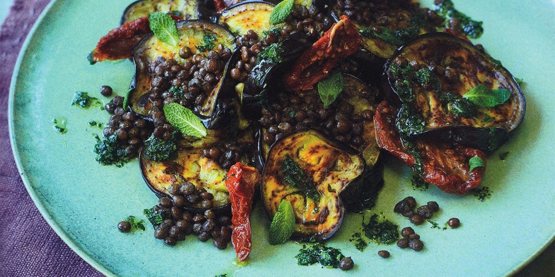 Aubergine, puy lentils & sun-dried tomatoes with mint oil