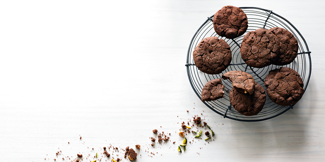 Indulge in warm chocolate, almond and pistachio biscuits