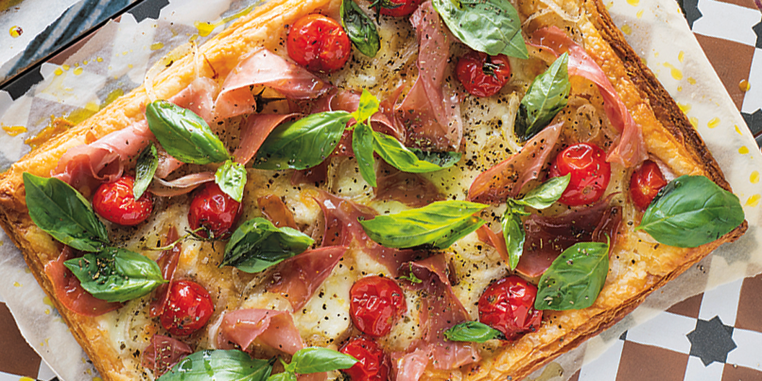 Nosh on a pizza-style puff pastry tart