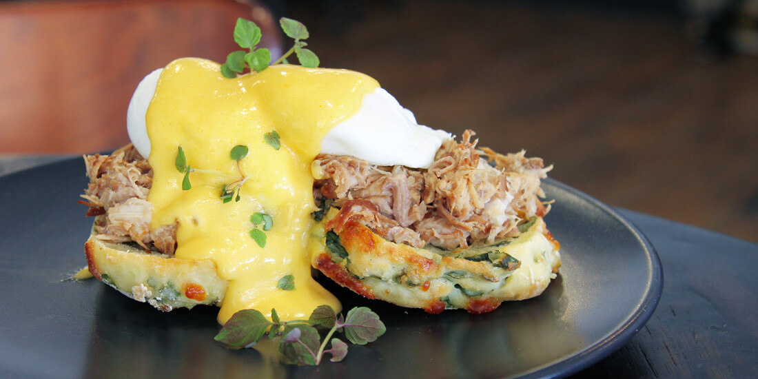Tuck in to pulled-pork eggs benedict at The Brass Barrel in Rosalie