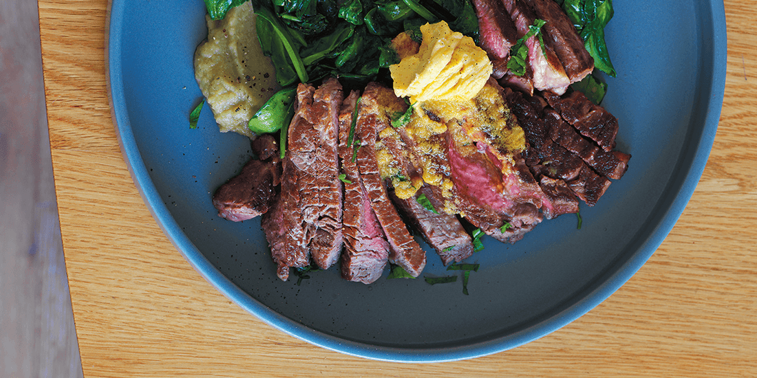 Feed your inner carnivore scotch fillet with eggplant puree and miso butter