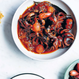 Slow cook pickled baby octopus with red wine, tomato and oregano