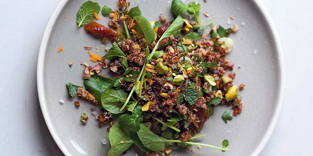 Nourish yourself with an orange-scented quinoa salad with pistachio nuts and dates
