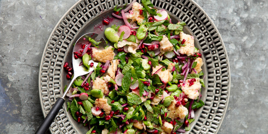 Craft a broad bean, mint, parsley and pomegranate fattoush