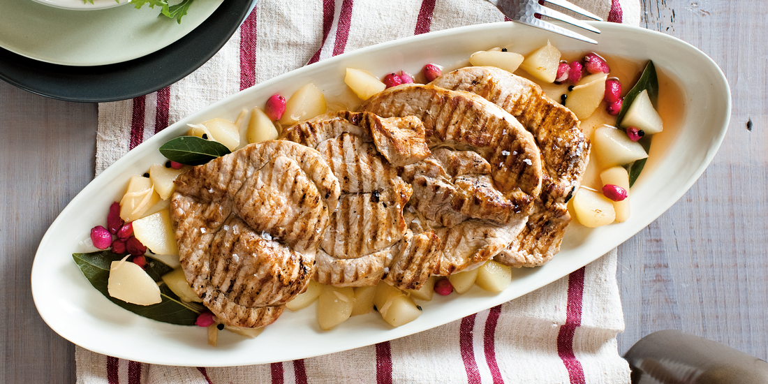 Grill healthy pork chops with pear and lilly pilly compote