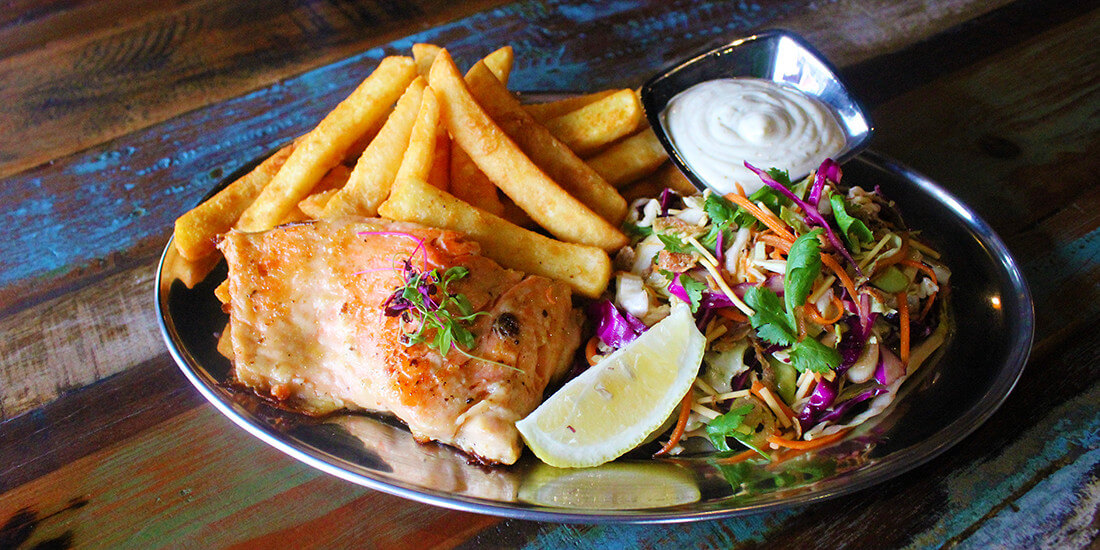 Sea Fuel grilled salmon, chips and salad