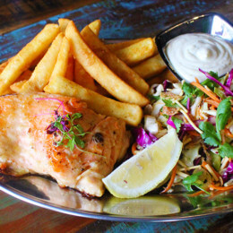 Petuna ocean trout with chips and Asian slaw