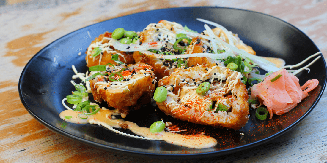 Katsu crumbed chicken sushi with cream cheese and avocado