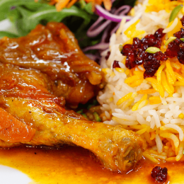 Zereshk polo – chicken marinated in onions and saffron, served with sauteed barberry rice