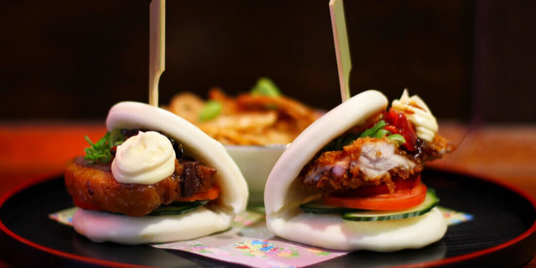 Hirata Burger, steamed bao with braised pork belly and katsu chicken