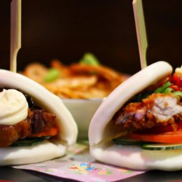 Hirata Burger, steamed bao with braised pork belly and katsu chicken