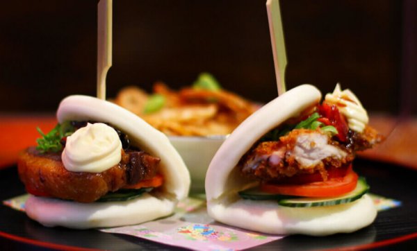 Hirata Burger, steamed bao with braised pork belly and katsu chicken