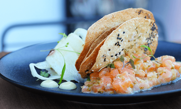 Marinated salmon cracker, miso and green chilli