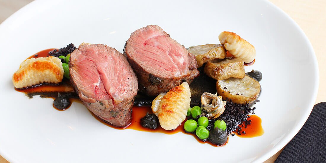 Lamb rump, burnt eggplant gnocchi, roasted Jerusalem artichoke, spring peas and white anchovy