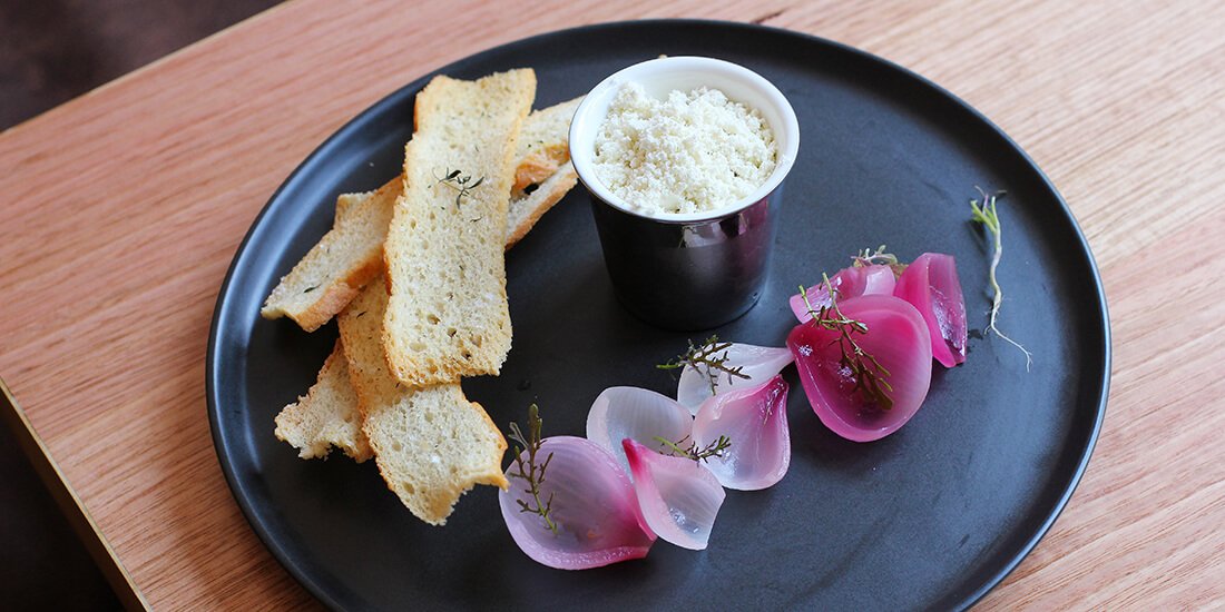 Organic Bendele farm duck liver parfait, pickled red onion, toast