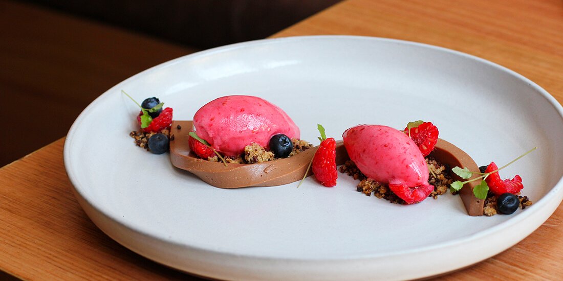 Chocolate terrine with raspberry sorbet