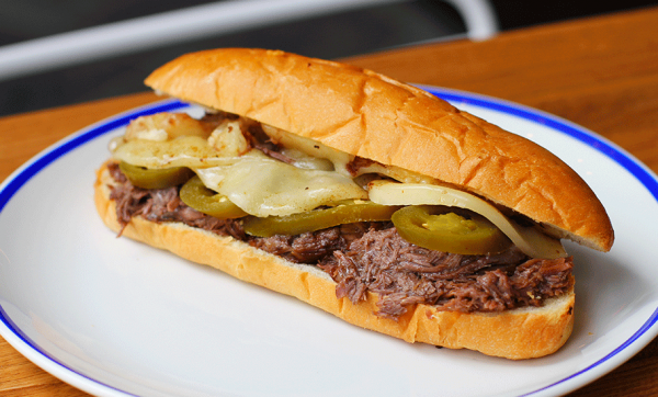 Pablo's Pride with slow-cooked roast beef, pickled jalapenos and provolone