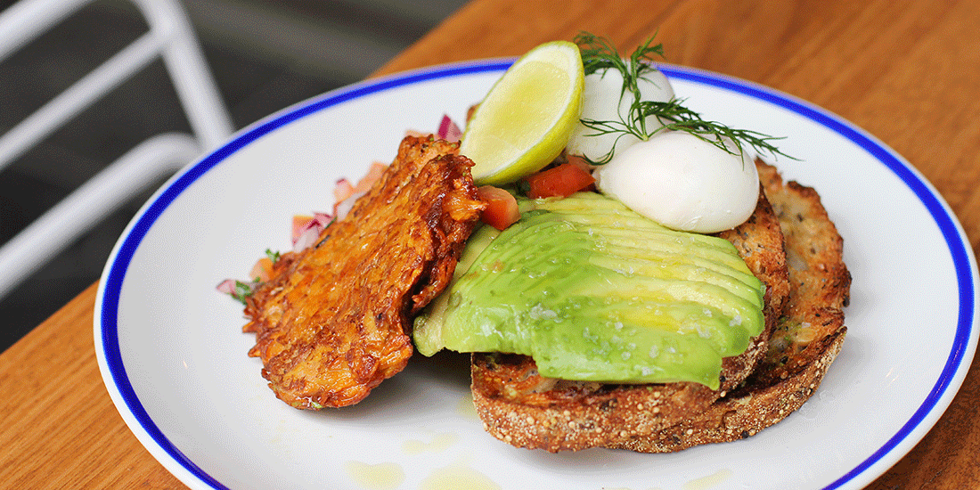 Avocado on sourdough with poached eggs, sweet potato hash and pico de gallo