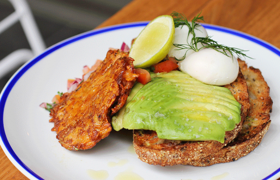 Avocado on sourdough with poached eggs, sweet potato hash and pico de gallo