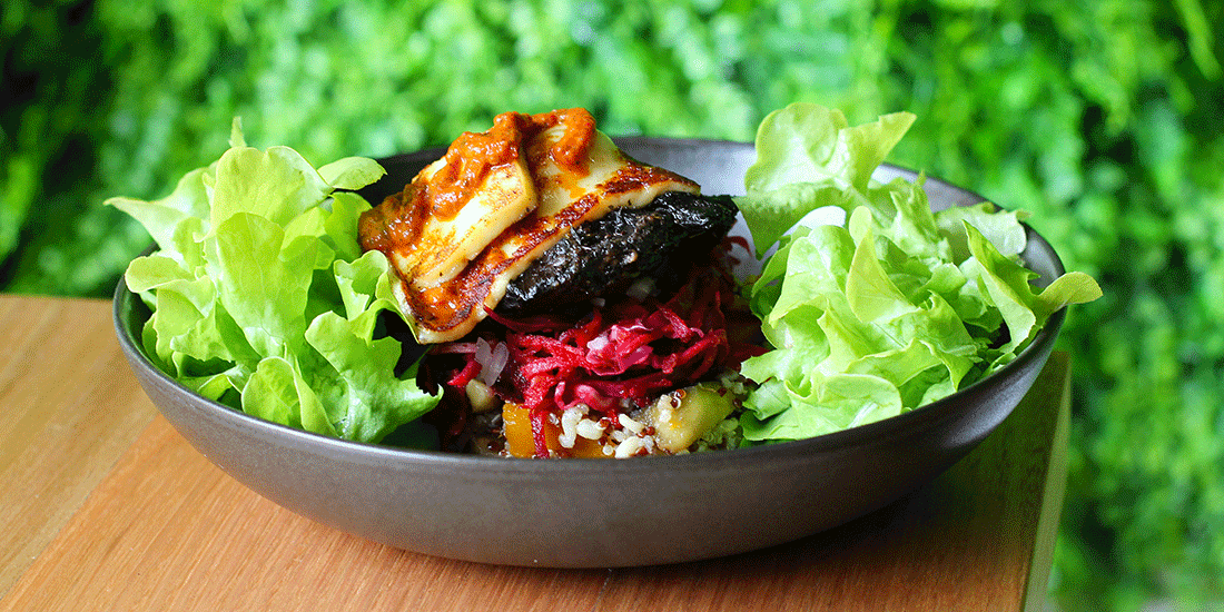 Shroom Street Bowl with portobello mushroom, haloumi, cheese, brown rice and quinoa