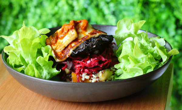 Shroom Street Bowl with portobello mushroom, haloumi, cheese, brown rice and quinoa