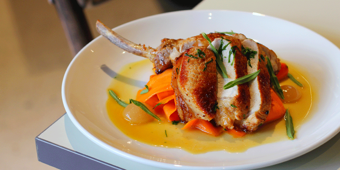 Allora pecan-fed pork cutlet with carrot ribbons, rooftop honey and tarragon vinegar