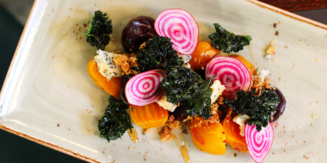 Slow-roasted heirloom beetroots with stilton, oloroso caramel and crispy greens