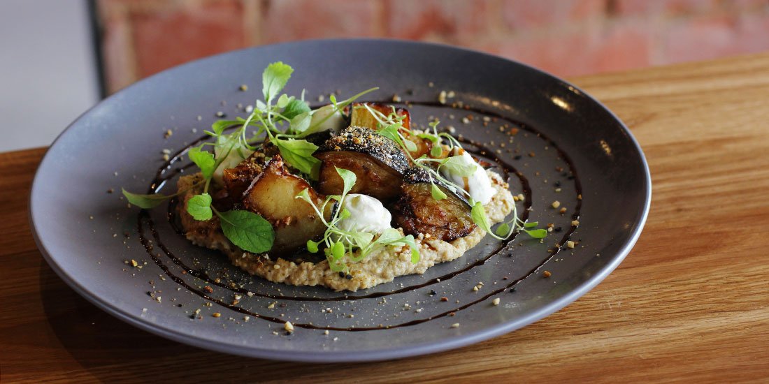 Dukkah-crusted eggplant with hummus and labna cheese