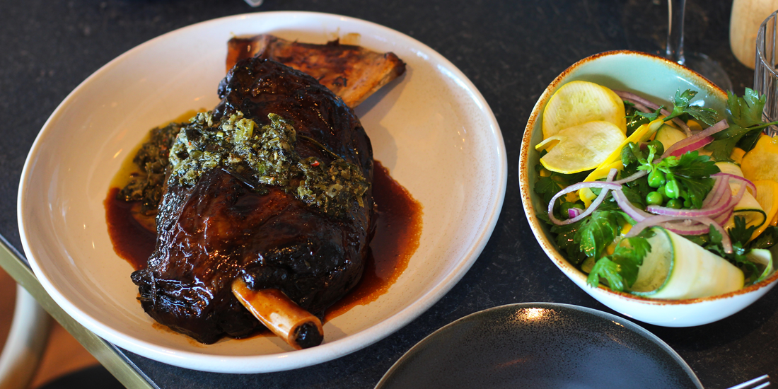 Lamb shoulder, with pea, zucchini, squash, red onion, mint and lemon dressing