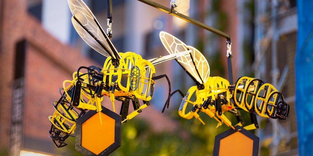 A beautiful bee installation featuring some crazy critters is flying into West Village