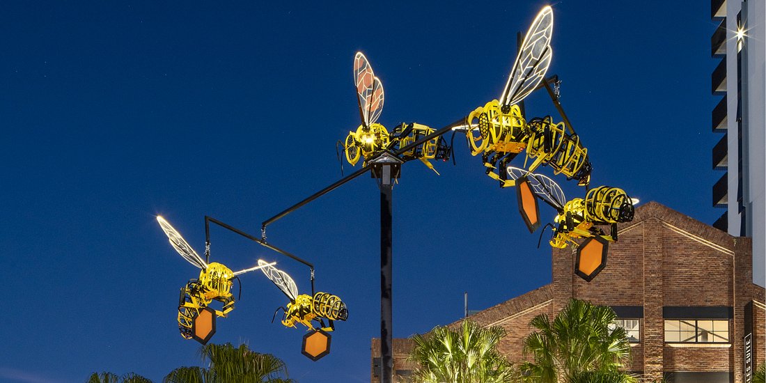 A beautiful bee installation featuring some crazy critters is flying into West Village