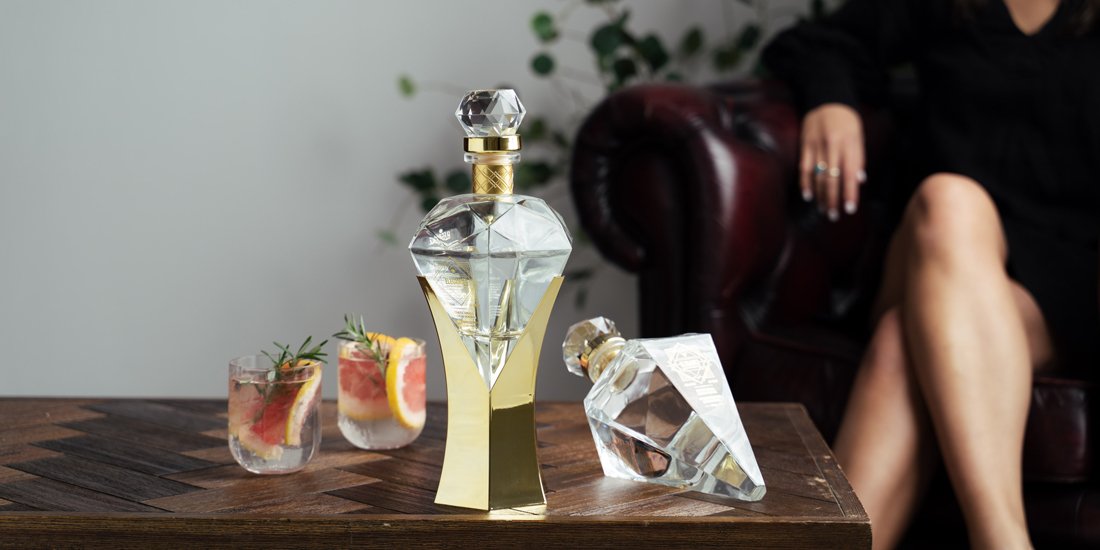 Bougie up your bar cart with a crystal-shaped bottle of Elegance Vodka