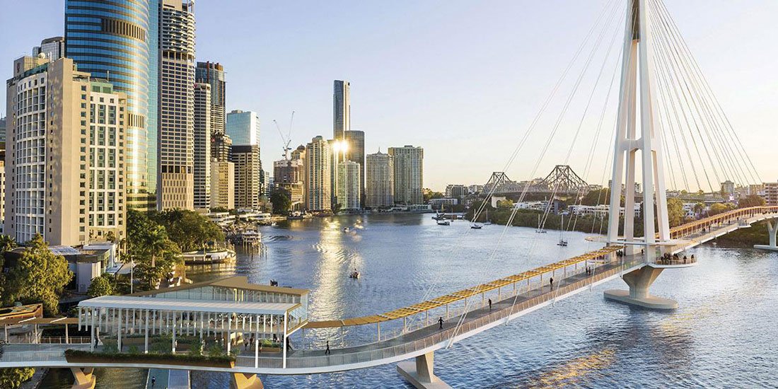 Updated designs for the forthcoming Kangaroo Point green bridge reveal several overwater dining spaces