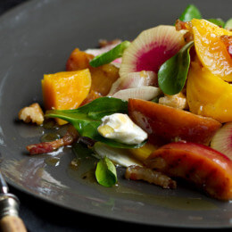 Craft a salad of golden beetroot, pickled plum, pancetta and maple syrup