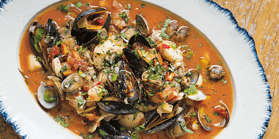Warm up with a rustic fish stew of cod cheeks, fennel, mussels and clams