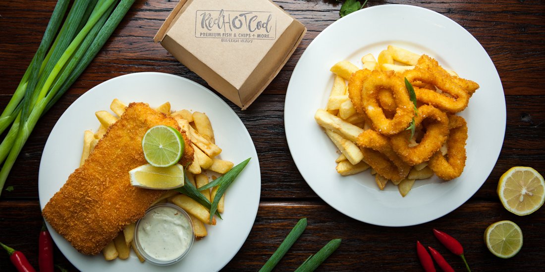 Battered Fish and chips and calamari rings and chips