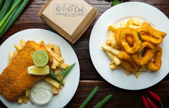 Battered Fish and chips and calamari rings and chips