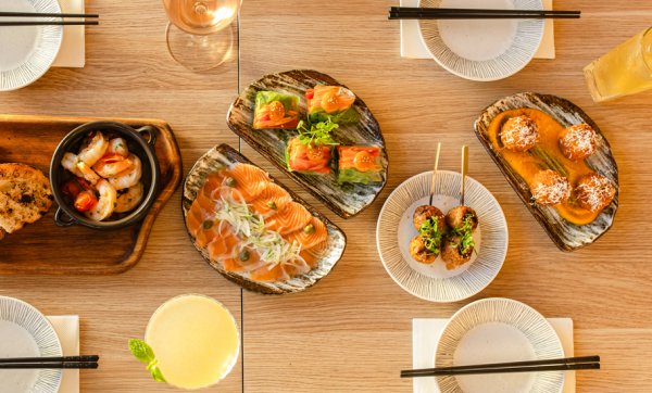 Snack on tsukune skewers, sizzling prawns and Japanese-curry arancini at Mermaid's Blessing of the Sun